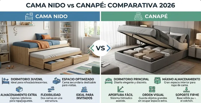 Cama nido vs canapé: cuál es mejor en 2026 (el error que te hace perder espacio)