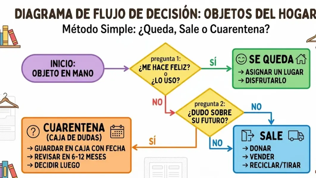 Diagrama simple con el flujo de decisión para objetos del hogar: queda, sale o cuarentena