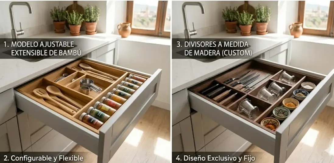 Comparativa de organizadores de cajones: modelo ajustable extensible de bambú frente a divisores a medida de madera en una cocina moderna