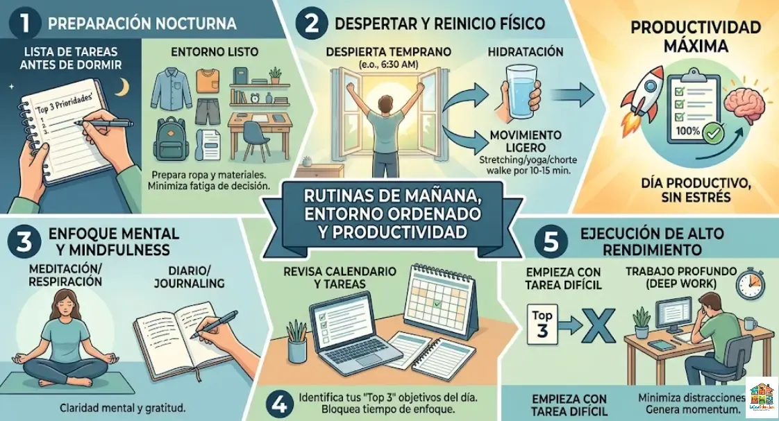 Espacio de trabajo ordenado por la mañana con luz natural y escritorio despejado