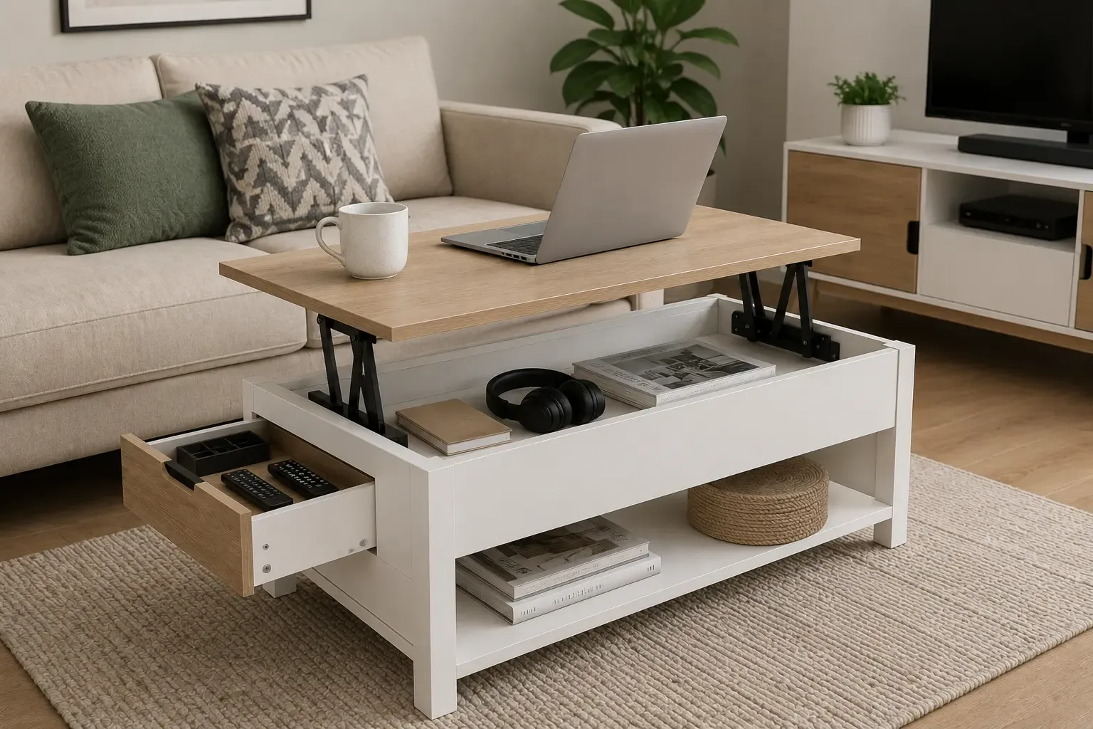Mesa elevable compacta tipo Songmics con cajón lateral en salón reducido